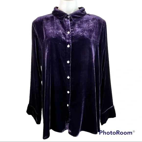 🇺🇸SOLD🇺🇸 Habitat Mandarin Velvet Shirt Top XL Purple - Picture 1 of 9